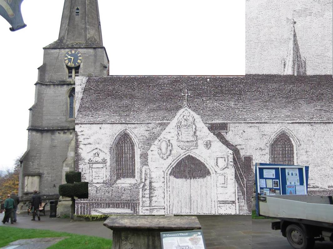 Reconstructed views of the original church on today's street scene - showing what it would look like today if the old church hadn't been demolished and rebuilt
