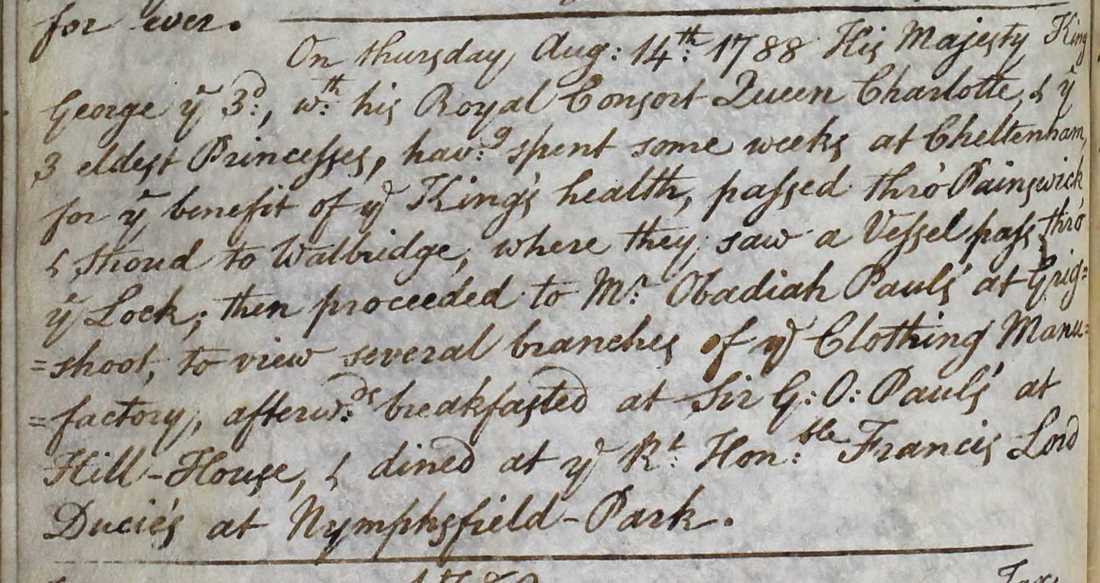 Note in the Parish Register regarding the visit of King George III to Walbridge, 14 August 1788